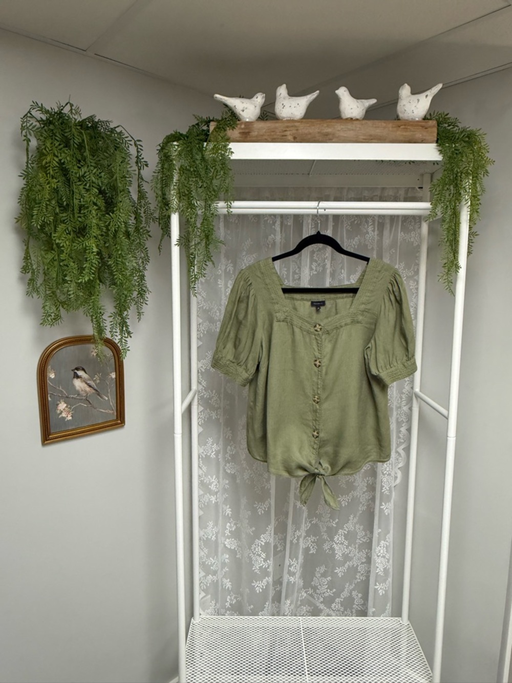 Talbots Olive Green 100% Linen Tie Hem Blouse Puff Sleeve Square Neck Top Sz M